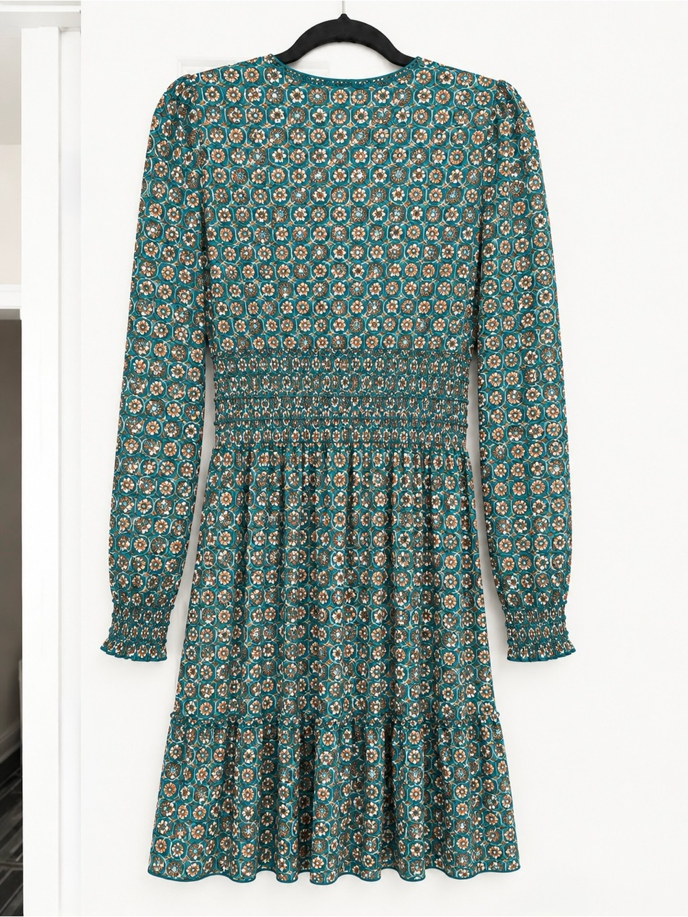 Max Studio Teal Floral Smocked Waist Long Sleeve Mini Dress - Picture 3 of 10